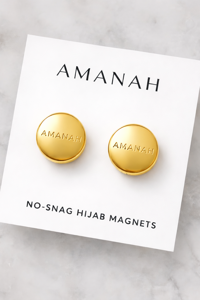 Metallic gold no-snag hijab magnets with engraved Amanah logo