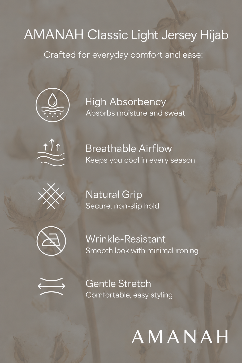 Amanah Classic Light Jersey Hijab feature graphic showing benefits including high absorbency, breathable airflow, natural grip, wrinkle resistance and gentle stretch.