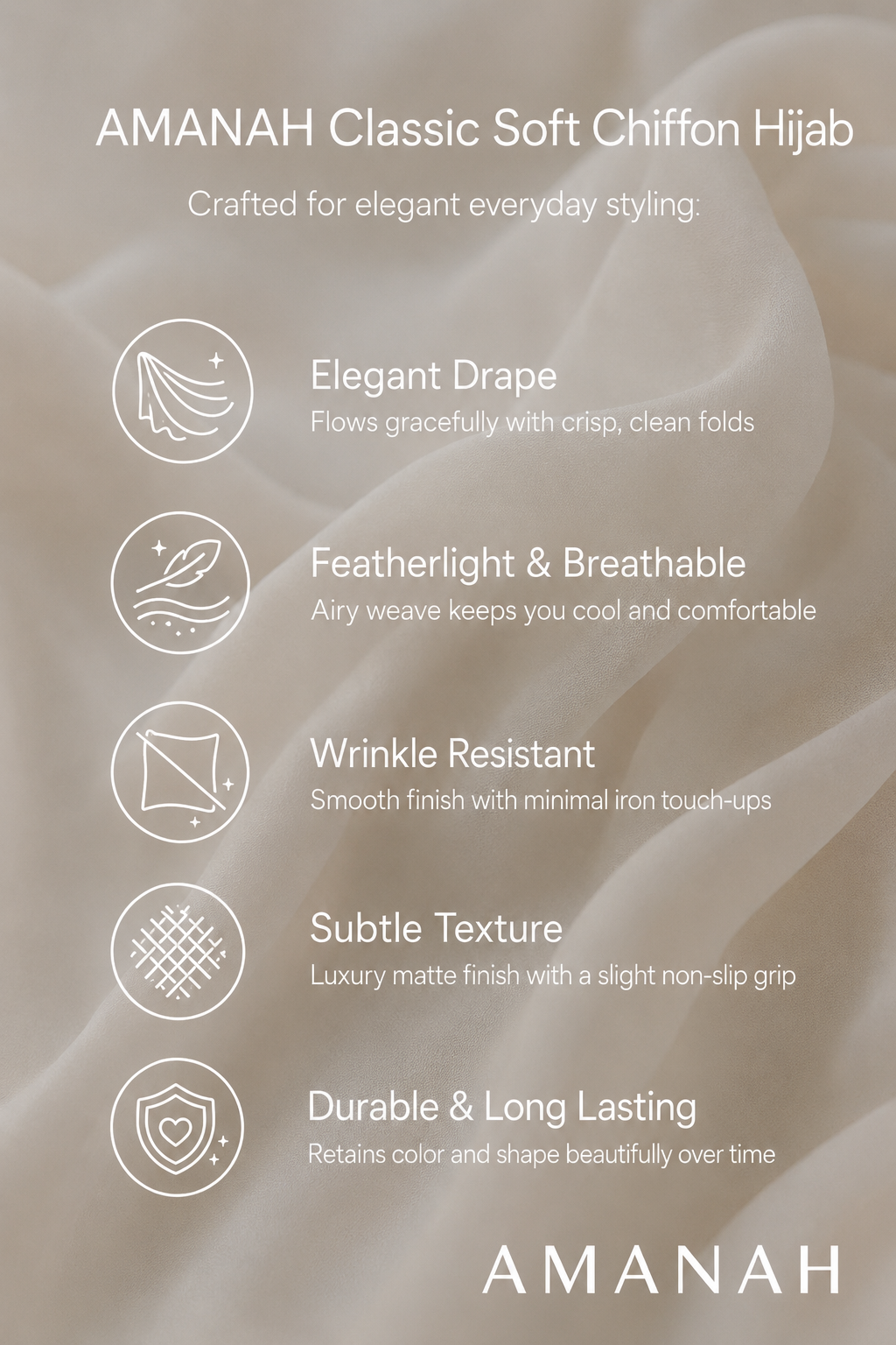 Amanah Classic Soft Chiffon Hijab feature graphic highlighting elegant drape, featherlight breathability, wrinkle resistance, subtle texture and durable long-lasting wear.