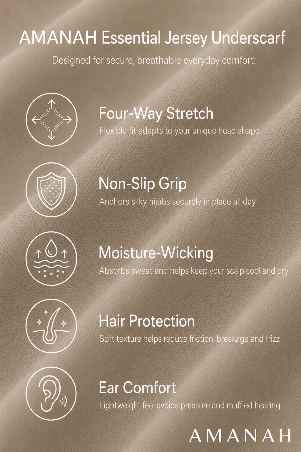 Amanah Essential Jersey Underscarf feature graphic highlighting four-way stretch, non-slip grip, moisture-wicking comfort, hair protection and ear comfort.
