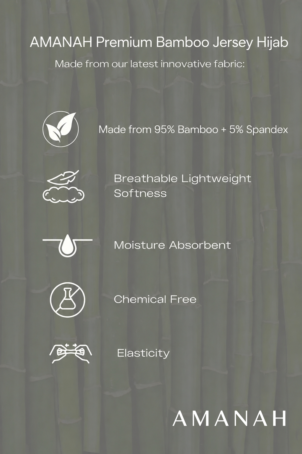 Amanah Premium Bamboo Jersey Hijab feature graphic showing 95% bamboo and 5% spandex fabric benefits including breathability, softness, moisture absorption and elasticity.