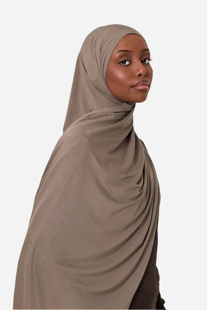 Taupe classic light jersey hijab by Amanah made for everyday wear