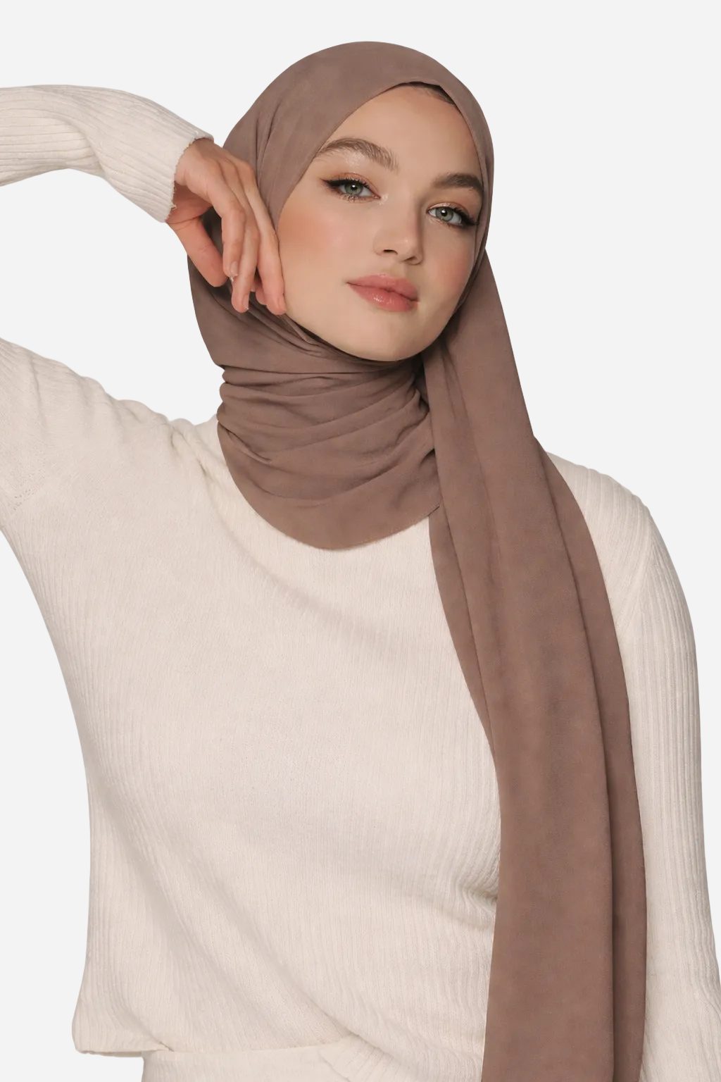 Taupe classic soft chiffon hijab by Amanah with a soft airy drape