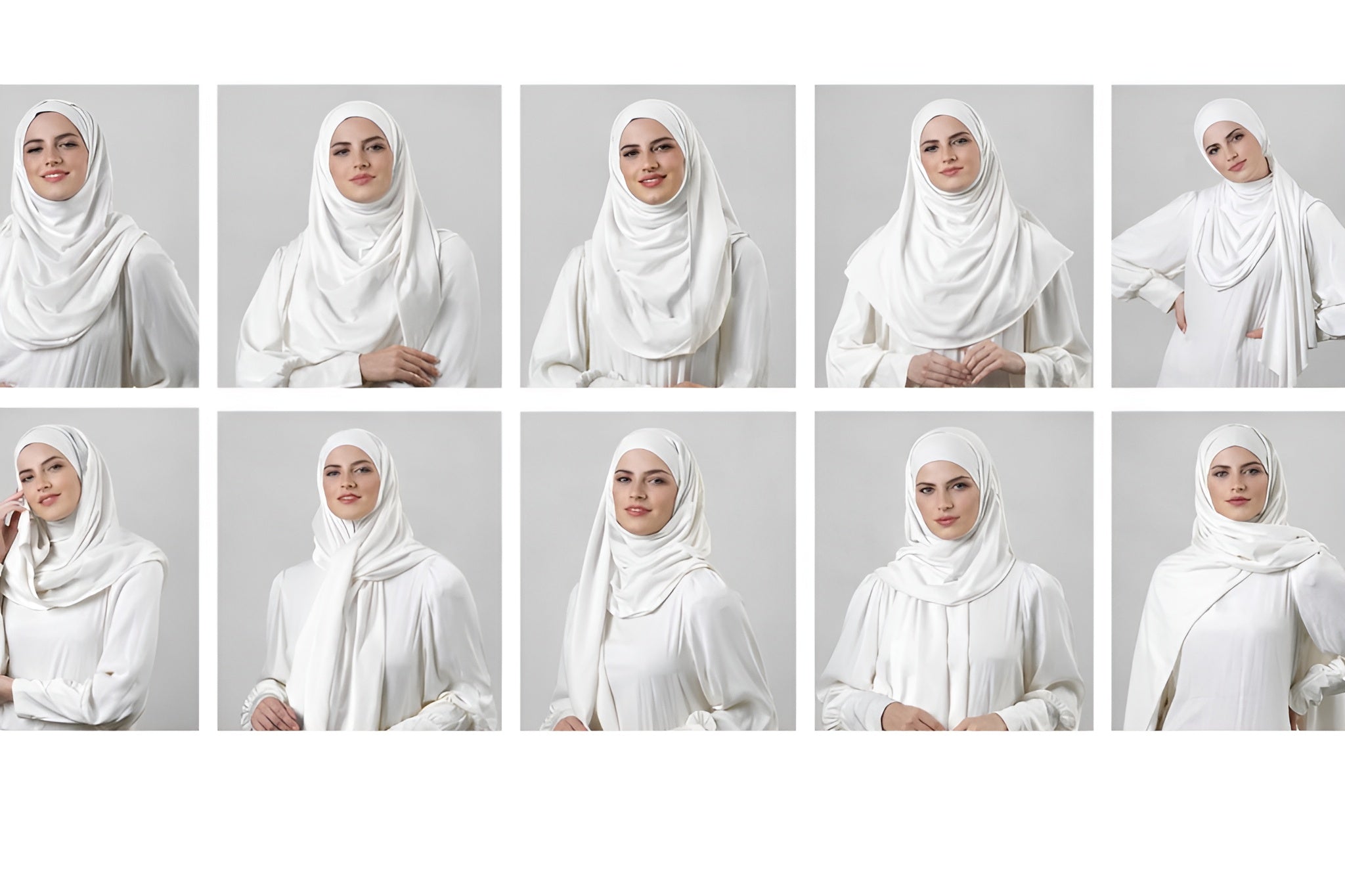 Grid of ten portraits showing different ways to style a pure white matte jersey hijab against a soft grey background.