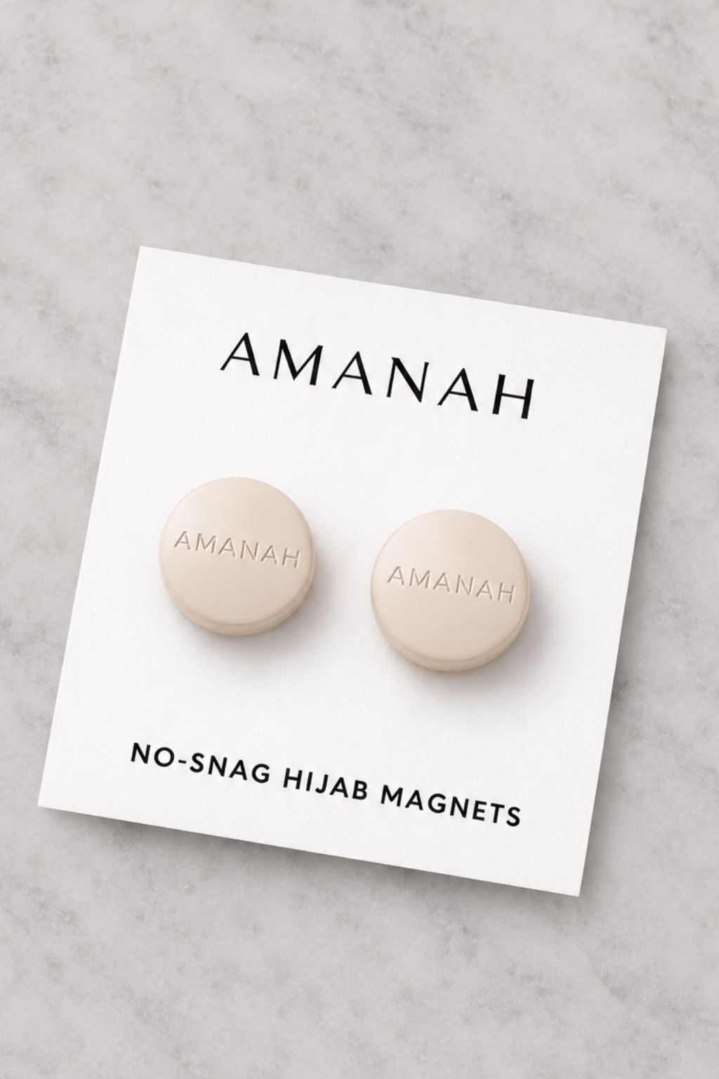Matte beige no-snag hijab magnets with engraved Amanah logo