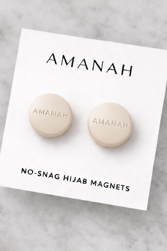 Matte beige no-snag hijab magnets with engraved Amanah logo