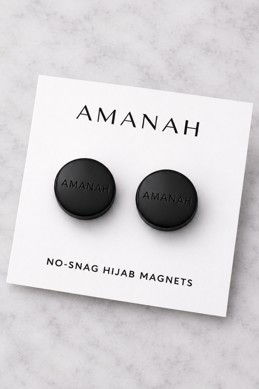 Matte black no-snag hijab magnets with engraved Amanah logo