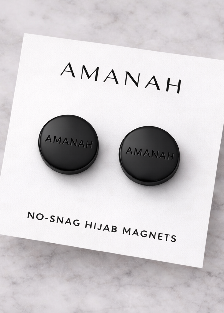 Matte black no-snag hijab magnets with engraved Amanah logo