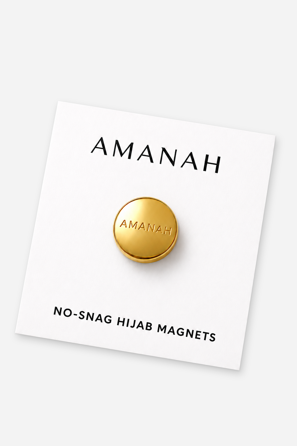 Metallic gold no-snag hijab magnets with engraved Amanah logo