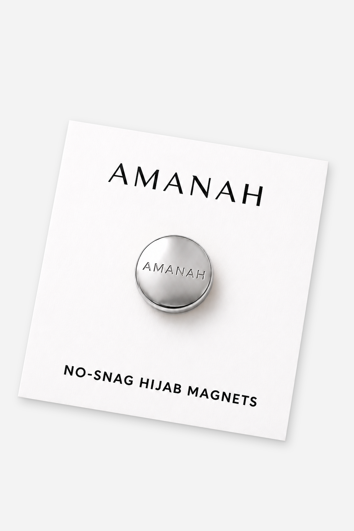 Metallic silver no-snag hijab magnets with engraved Amanah logo