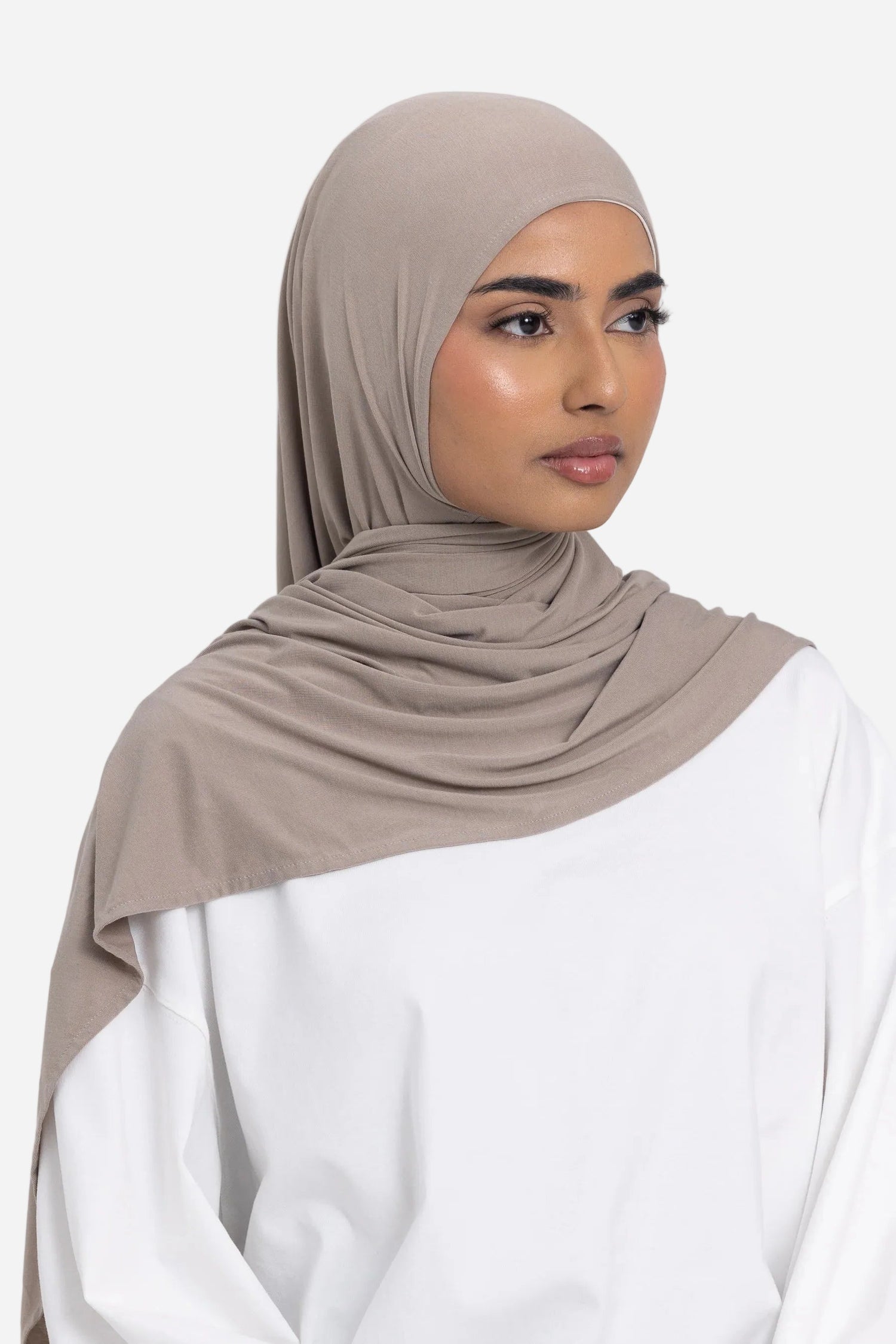 Taupe premium bamboo jersey hijab by Amanah designed for everyday comfort