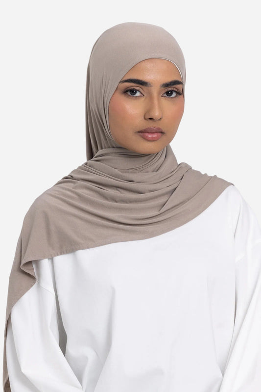 Taupe premium bamboo jersey hijab by Amanah designed for everyday comfort
