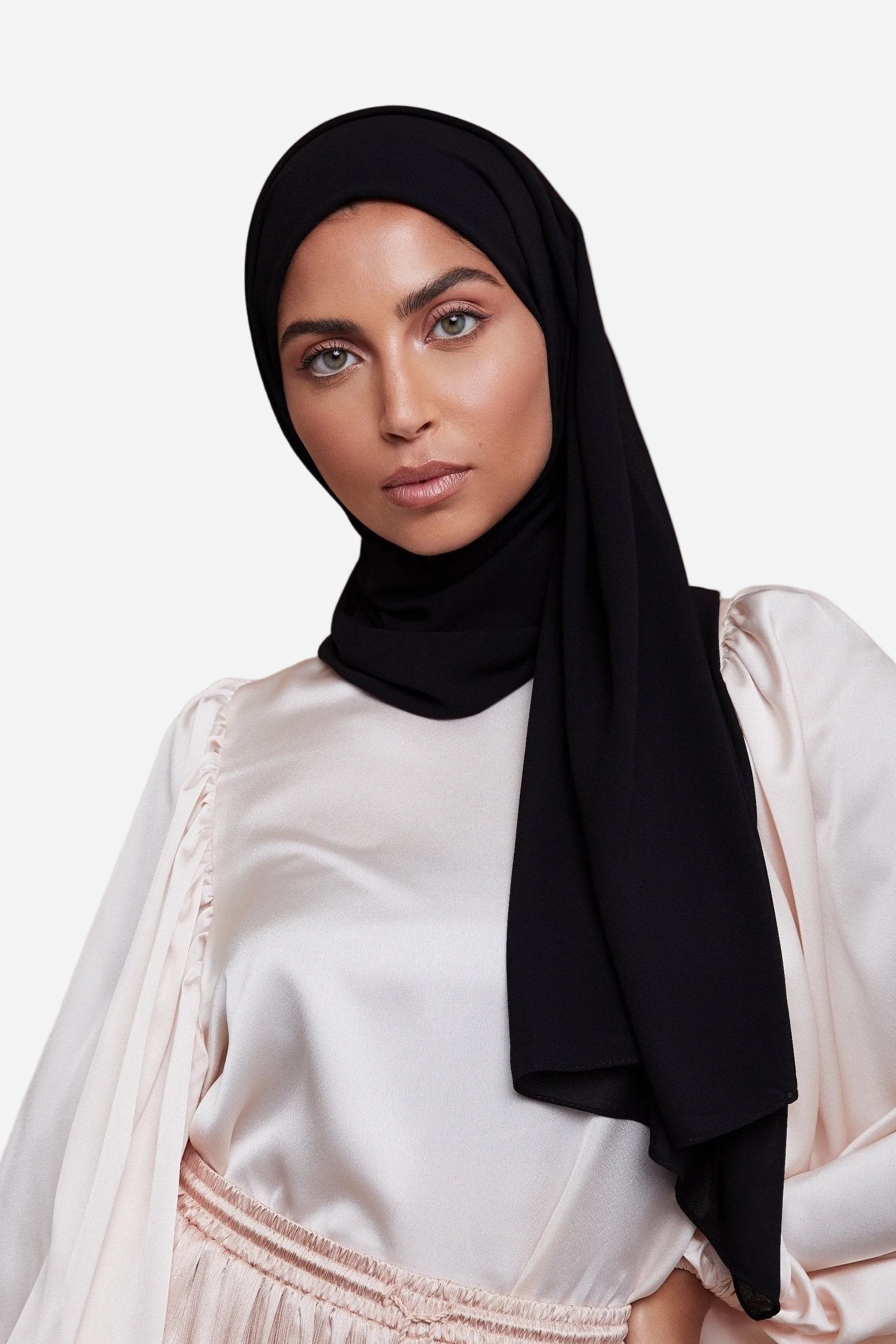 Black premium luxe chiffon hijab by Amanah with a light elegant drape