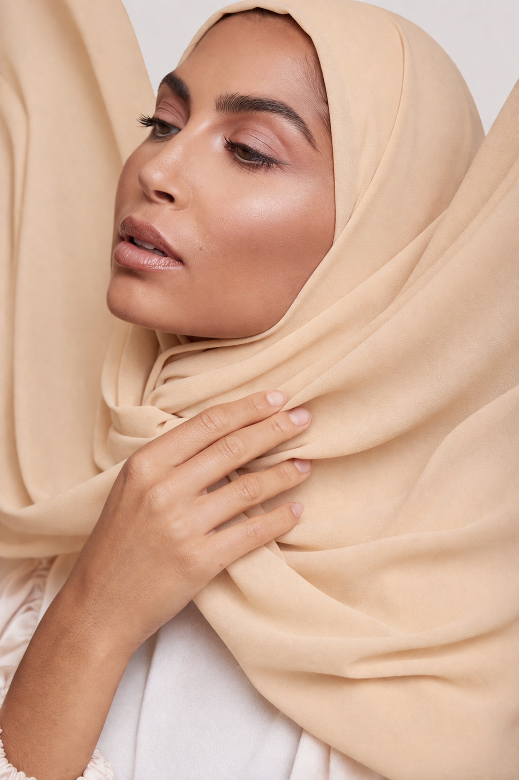 Sand premium luxe chiffon hijab by Amanah with a lightweight flowing drape